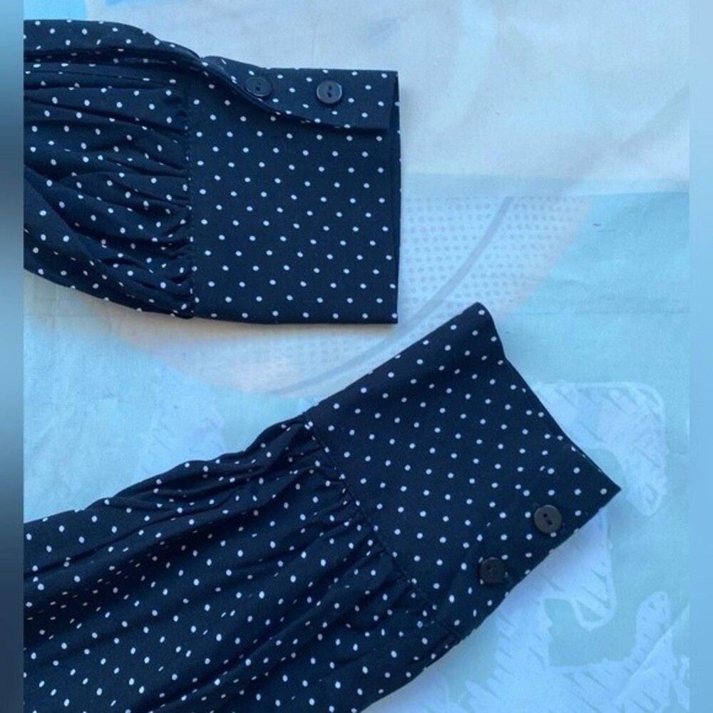 H&M Women’s Black Polka Dot Blouse Tie Neck Long Sleeve Gathered Sleeve Top - Picture 14 of 14